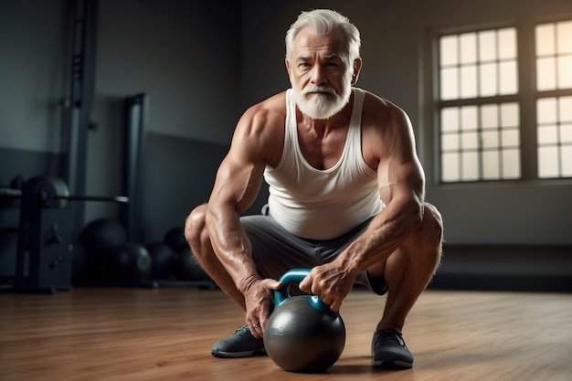 An old senior man doing exercises with a kettle bell