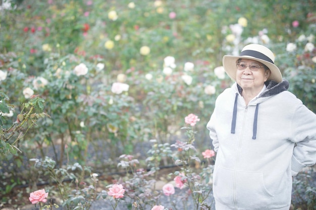 old senior woman relaxing in rose flower garden