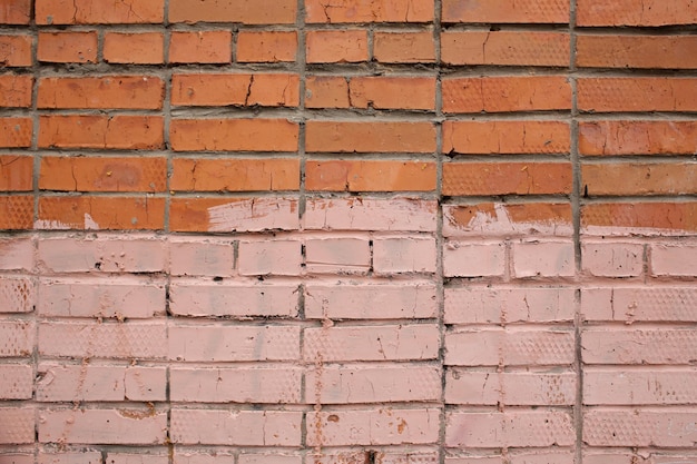 An old shabby brick wall in full screen With elements of old age and destruction of the wall