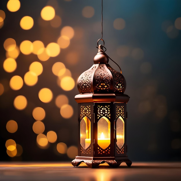 An old and shining lantern on a dark background in the style of orientalist imagery Ramadan concept