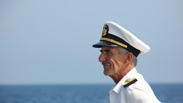 An old ship captain in captain39s outfit in front of a seascape