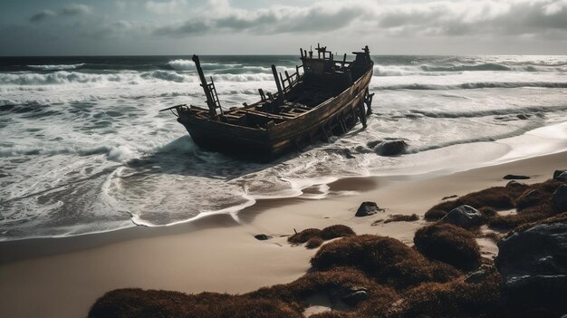 Photo an old ship is on the beach and is on the sand