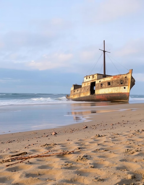 an old ship is on the beach and is on the sand