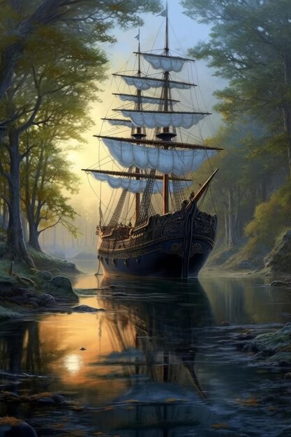 An old ship that is floating on the water