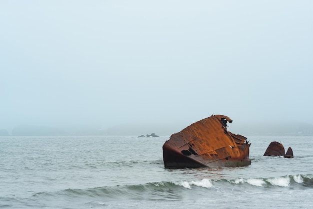 Old shipwreck fragments of a ship washed ashore against a foggy seascape