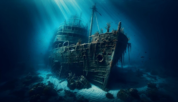 An Old Shipwreck Rests on the Ocean Floor Covered in Marine Life