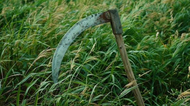 Photo old sickle in tall grass field