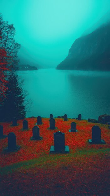 Photo an old slightly overgrown cemetery sits by a lake on a misty day with mountains looming in the dis