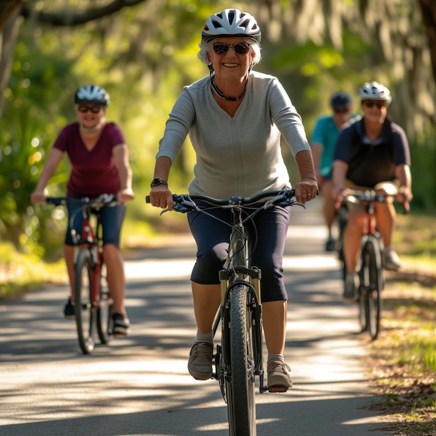 Old smiling woman riding a bicycle with friends in nature on a sunny day