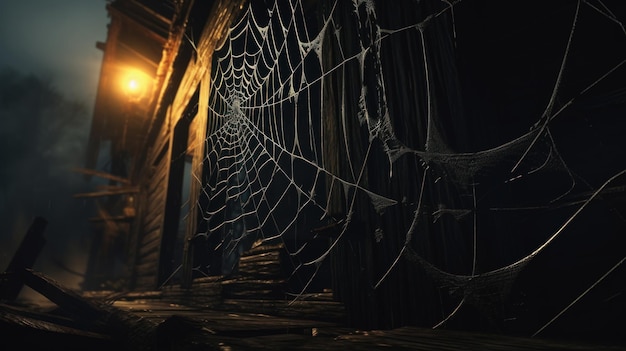 Photo old spider web on corner of abandoned house and ghost pumpkin halloween concept by ai generative