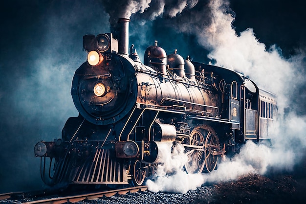 An old steam locomotive with a smoky chimney rides the railroad