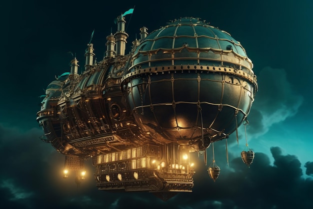 An old steam powered airship in the sky in the style of dark cyan and gold baroque scifi vray tracing Generative AI