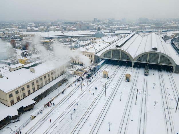 Old steam retro train at Lviv railway station aerial view