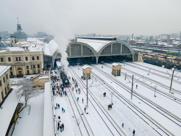 Old steam retro train at Lviv railway station aerial view