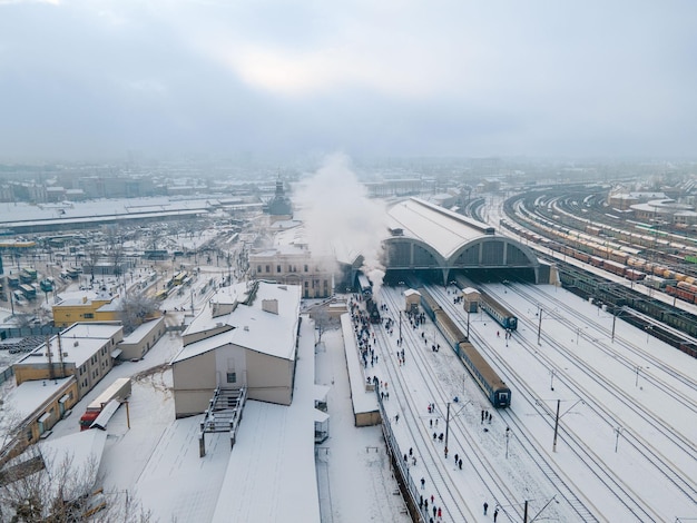 Old steam retro train at Lviv railway station aerial view