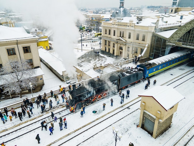 Old steam retro train at Lviv railway station