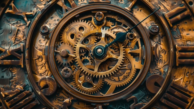 Photo an old steampunk clock with exposed gears and vintage brass blending industrial design with victorian aesthetics