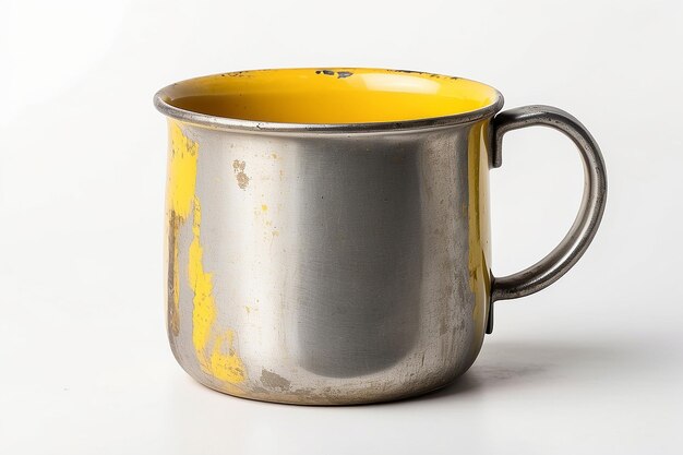 Photo old steel cup retro style isolated on white background yellow mug