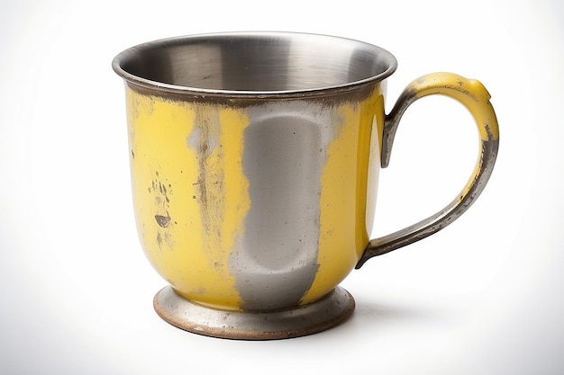 Old steel cup retro style isolated on white background Yellow mug