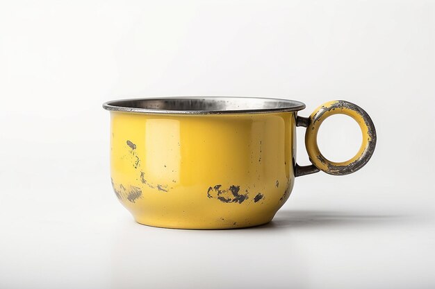 Photo old steel cup retro style isolated on white background yellow mug