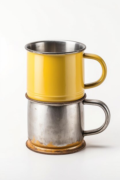 Old steel cup retro style isolated on white background Yellow mug