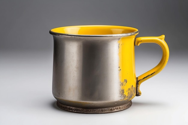 Old steel cup retro style isolated on white background Yellow mug