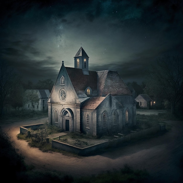 Old stone church in a small french village at night Big sky top view Templar seal occult epic illustration