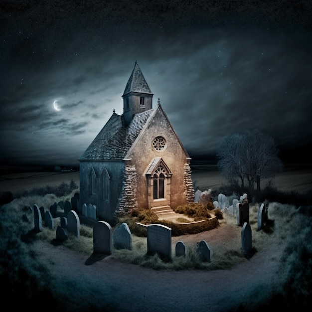 Old stone church in a small french village at night Big sky top view Templar seal occult epic illustration