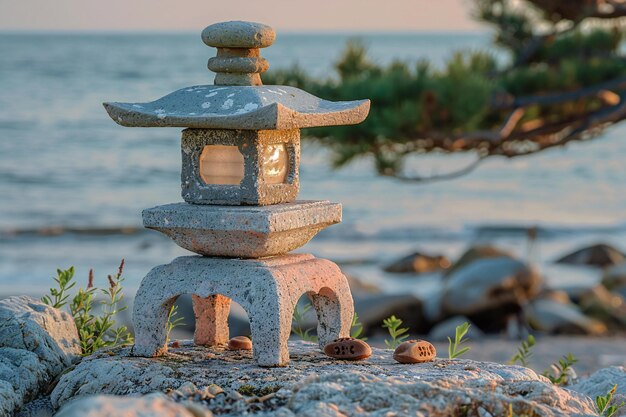 An old stone lantern with dates on the beach high quality high resolution