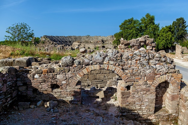 Old stone road with columns and ruins of the city of Side Turkey