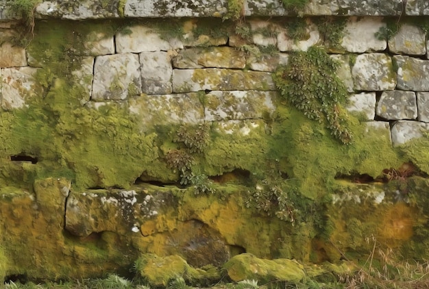 an old stone wall with moss all over