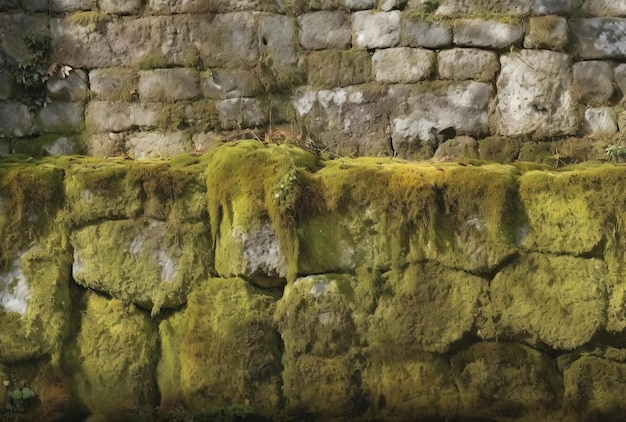 an old stone wall with moss all over