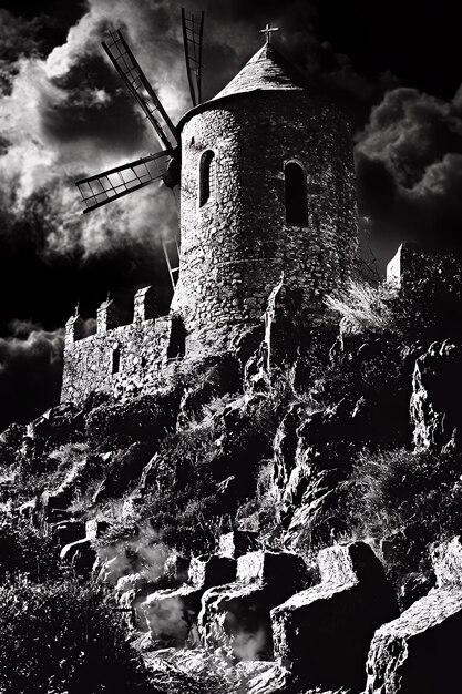 Old stone windmill on a rocky hilltop under a stormy sky