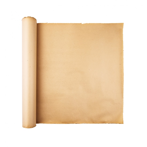 Photo old stressed paper scroll on white background isolated. square background, empty space, room for text, copy, lettering, map.