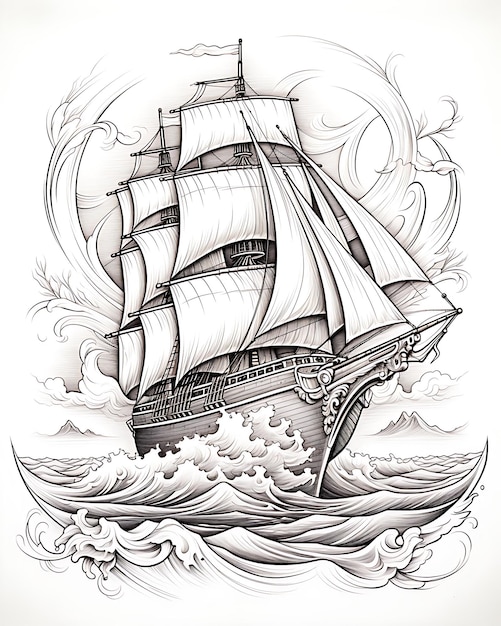 Old Style Inked Sail Boat