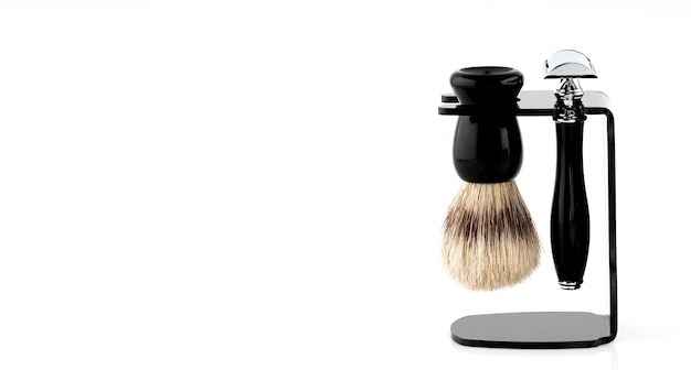 Old style Razor brush on a stand against a white background