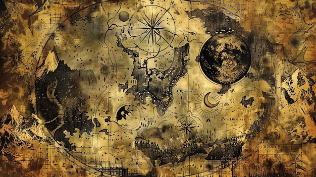 An old stylized map with a compass and celestial bodies on a yellowed and aged background