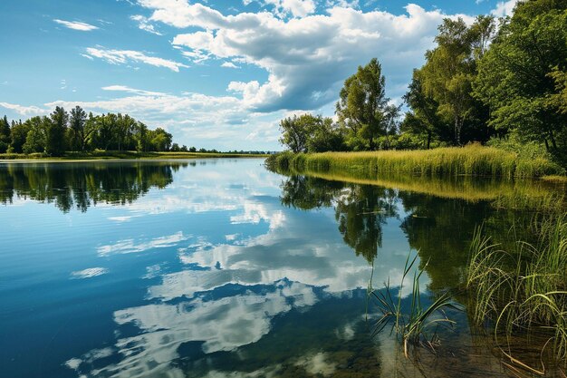 Old swings on sandy lake bank in summer day landscape