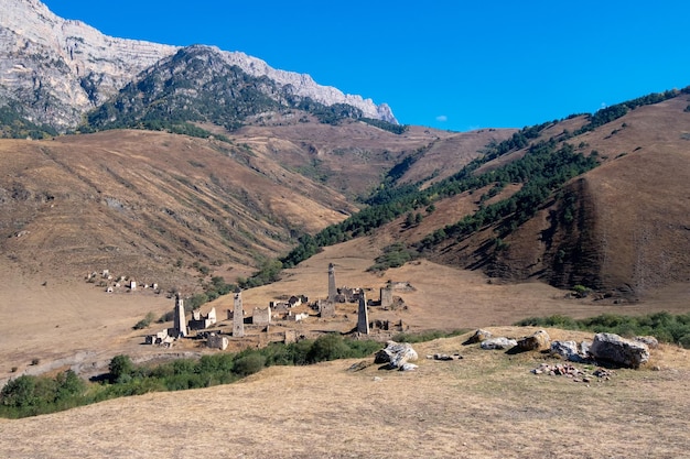 Old Targim towers complex one of the largest medieval castletype tower villages located on the extremity of the mountain range in Ingushetia Russia