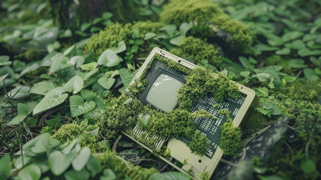 Photo old television overgrown with moss and plants in a forest