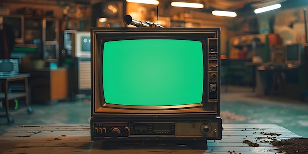 Old Television Set with Empty Green Screen for Video Editing or Overlay Concept Green Screen Vintage Technology Video Editing Media Production Television Broadcast