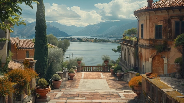 Old terracottaroofed villa overlooking a serene lake and mountains