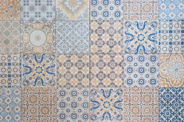 Old tile with different patterns on the floor Template for text retro style