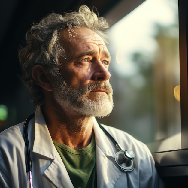 Old tired doctor in hospital gown looking into the widow