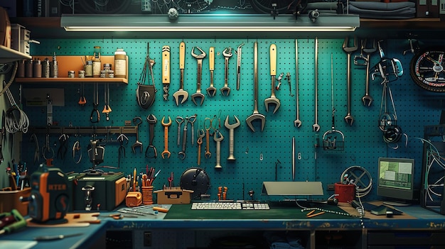 Old tools hanging on wall in workshop Tool shelf against a table and wall vintage garage style