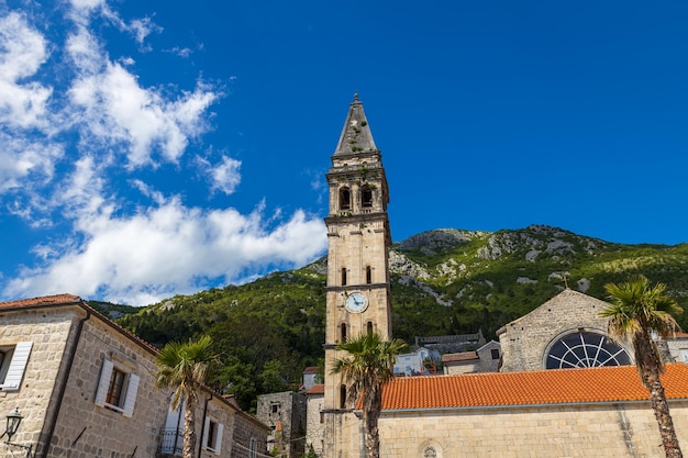 Old tower in Perast historical town Montenegro