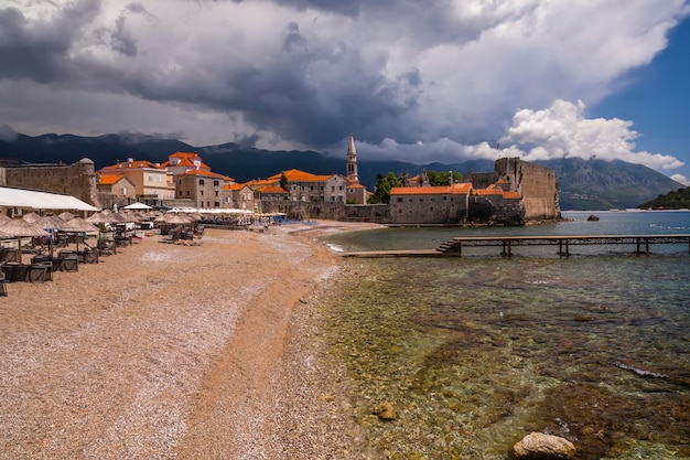 Old town in Budva in a beautiful summer sunset Montenegro