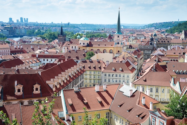 Old town cityscape of Praha with Red roofs in summer