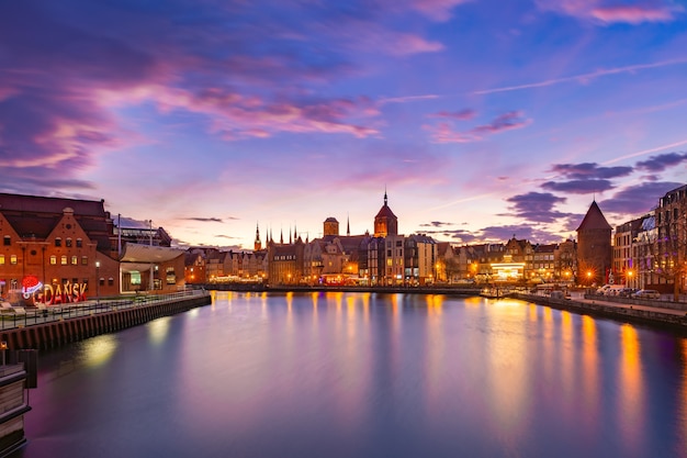 Old Town of Gdansk, Dlugie Pobrzeze, Bazylika Mariacka or St Mary Church, City hall and Motlawa River at sunset