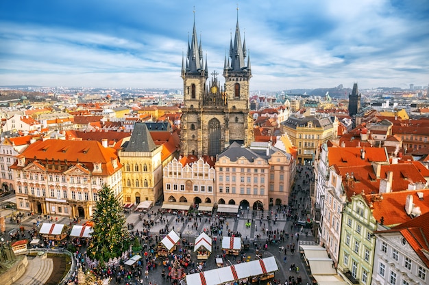 Old Town Square Christmas market from above in Prague, Czech republic